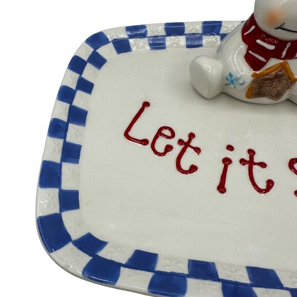 Christmas Snowman Serving Dish Plate Ceramic Pottery Let It Snow Blue White - Picture 4 of 11